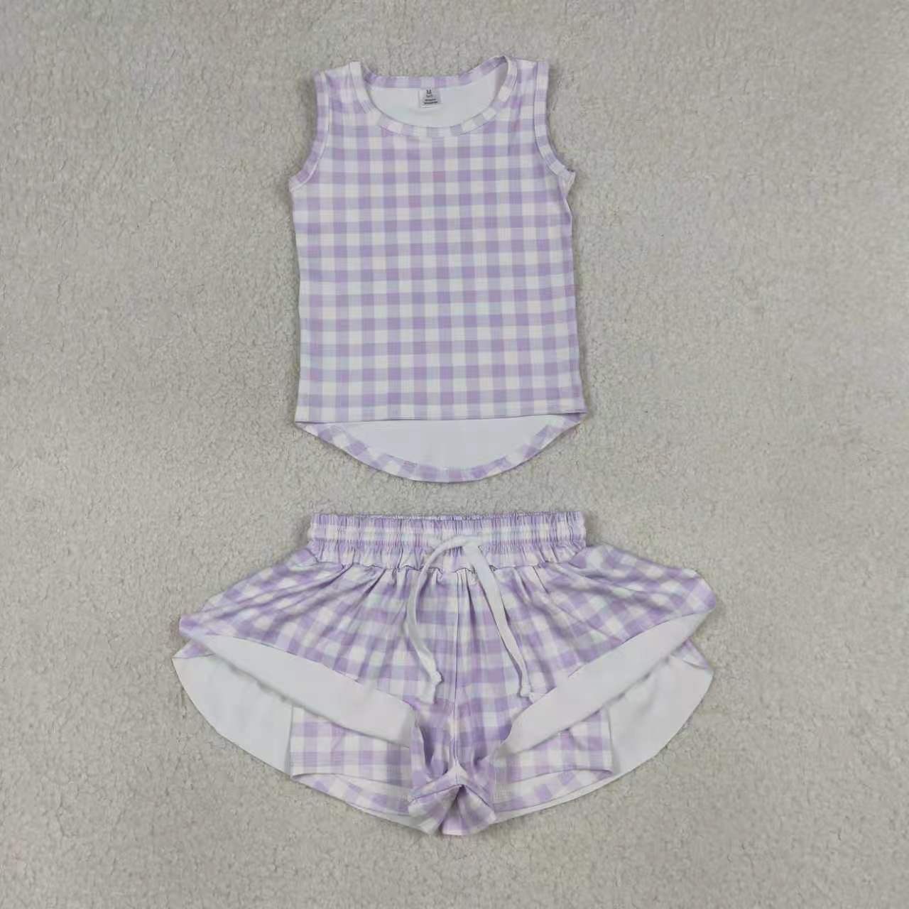 Yellow plaid top matching shorts girl summer yoga outfit preorder