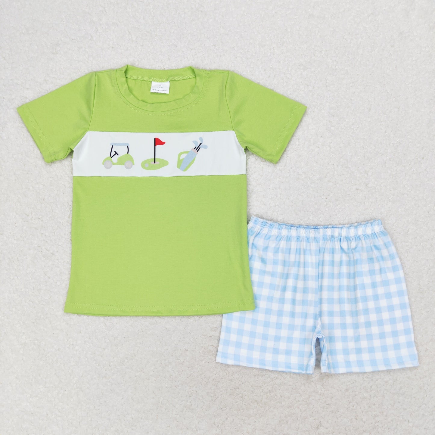 boy golf shirt blue gingham shorts outfit