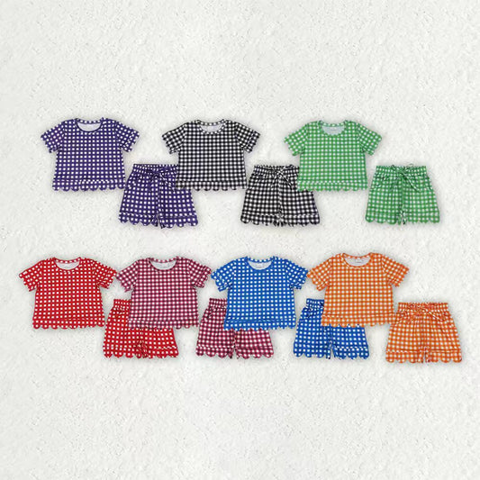 Blue plaid design top matching shorts girls summer outfit