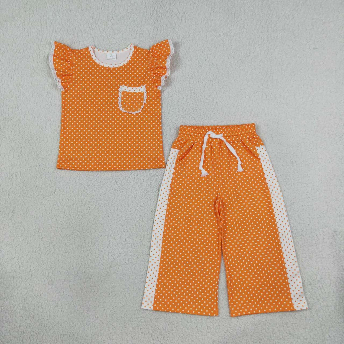 Orange polka dots flutter sleeve top matching pants girls outfit