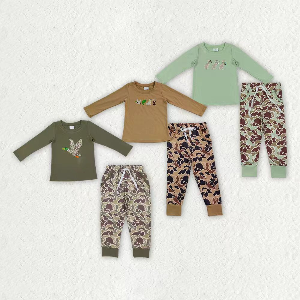 Dog duck print long sleeve top matching pants boy outfit