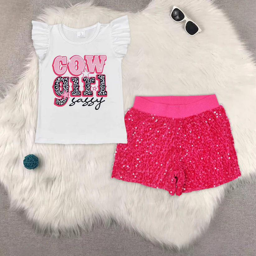 RTS NO MOQ GT0504+SS0351 Cowgirl shirt hot pink sequins shorts outfit