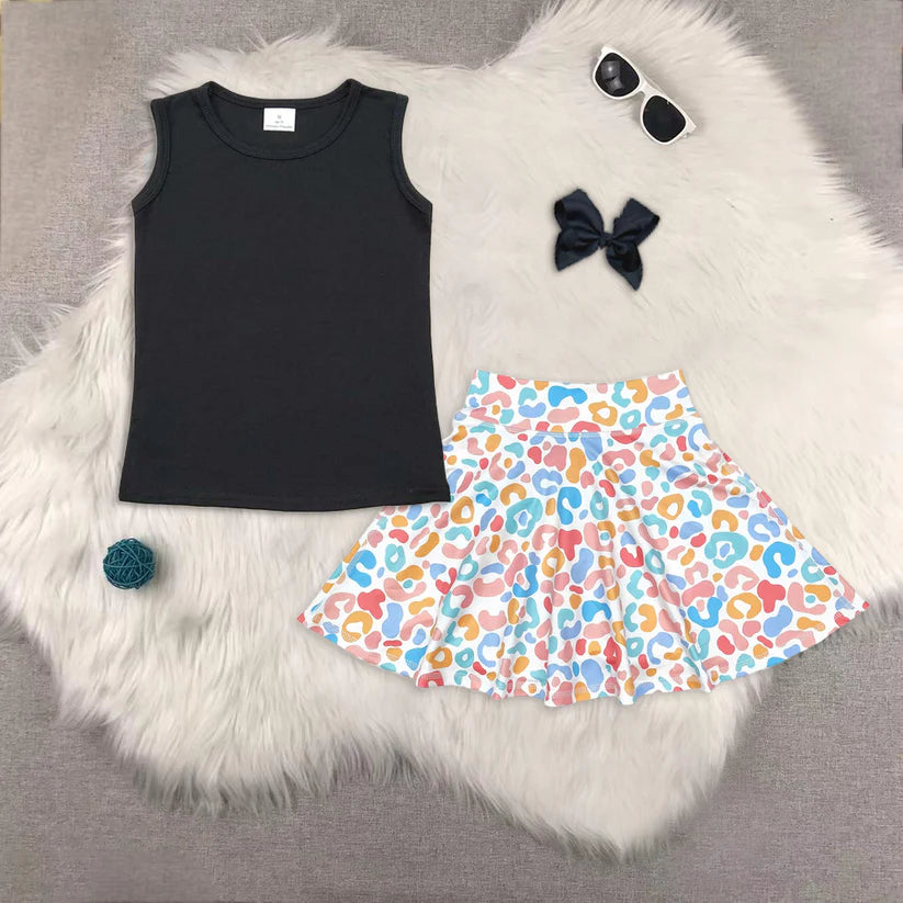 GT0419+GLK0026 girls black tank top cheetah skirt set