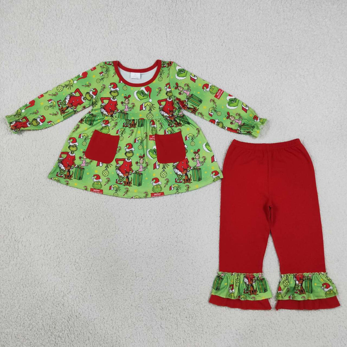 Christmas green face long sleeve top matching pants girl outfit