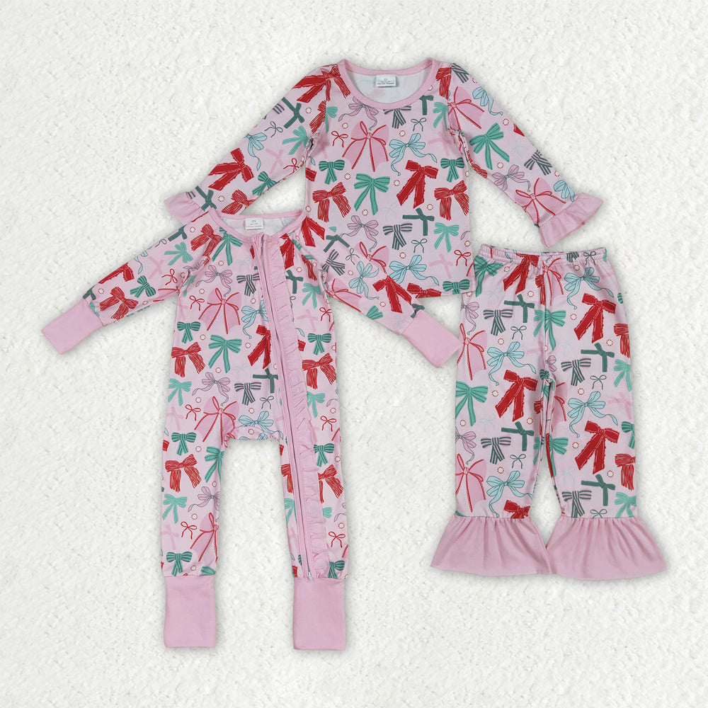 Christmas red green bow girls long sleeve matching outfit