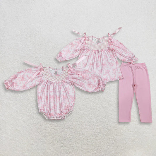 Pink bow girls long sleeve spring fall smocked outfit