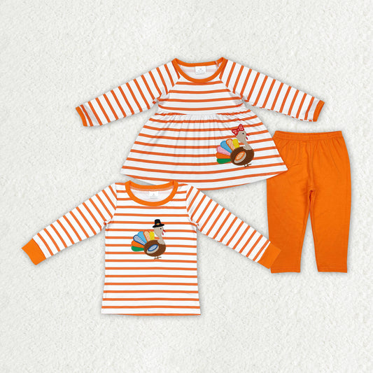 Sister brother embroidery Thanksgiving turkey orange stripes tunic top matching pants boutique fall winter clothes