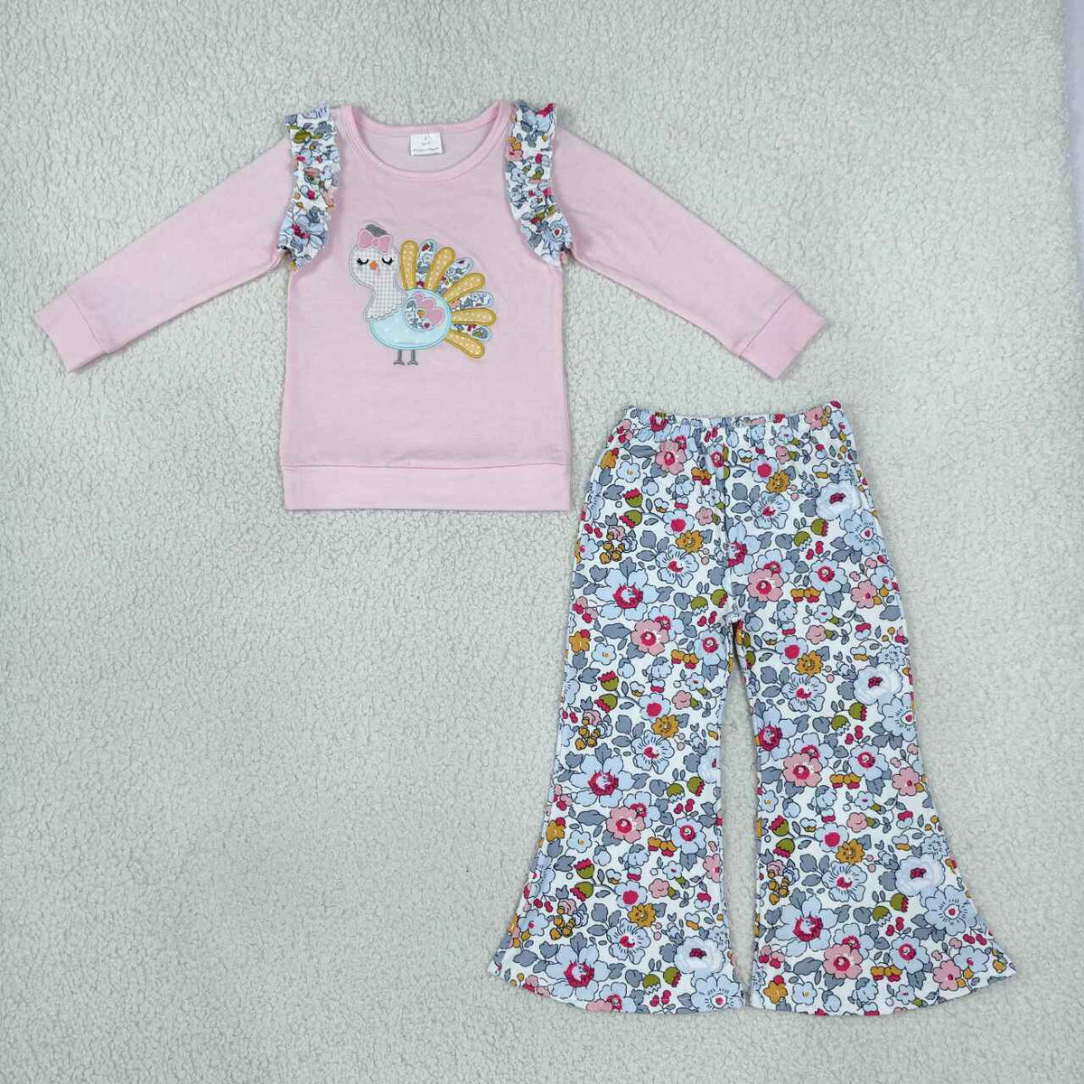 Long sleeve Thanksgiving turkey embroidery top matching pants girls wholesale factory price outfit