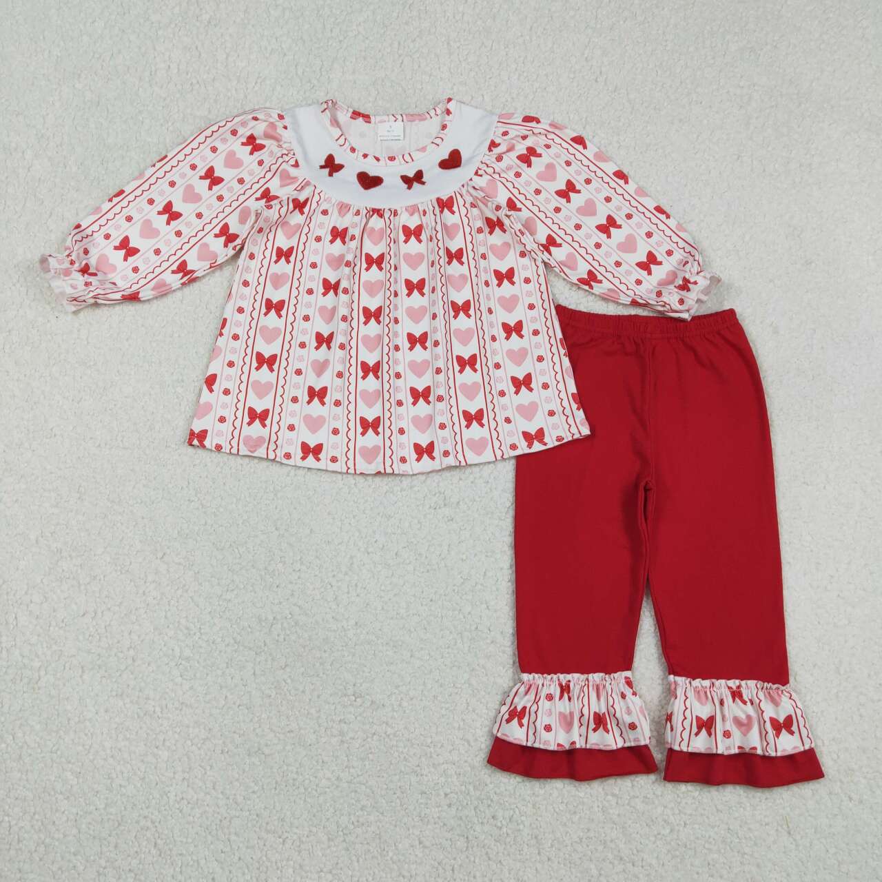Embroidery Valentines heart bow long sleeve top matching pants outfit
