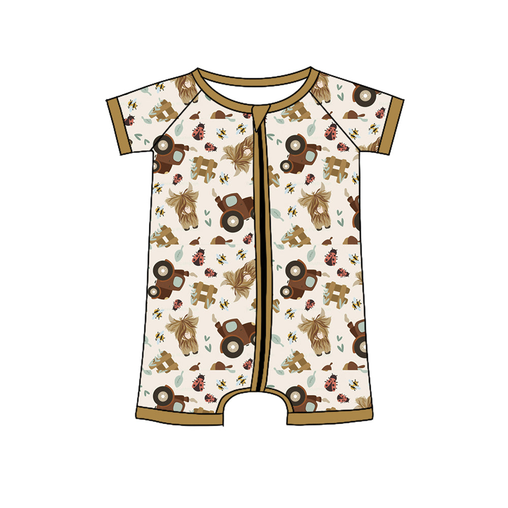 infant baby boy short sleeve animal cow farm zip romper