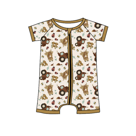 infant baby boy short sleeve animal cow farm zip romper