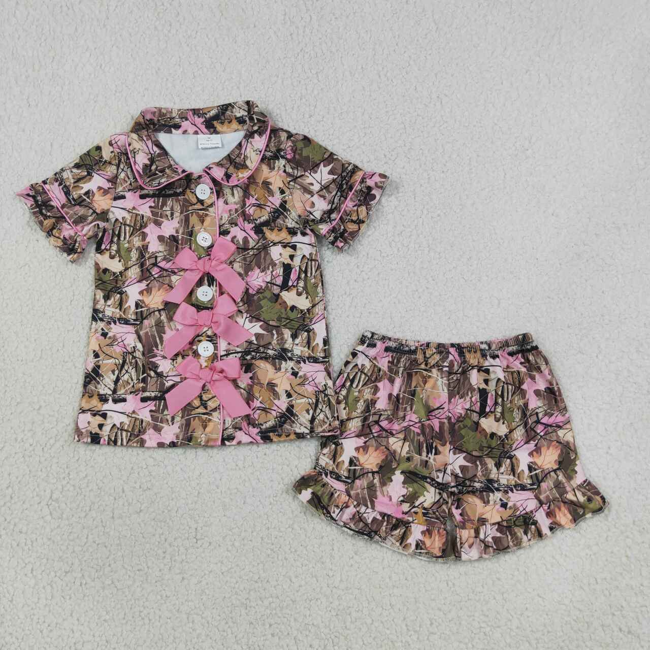 Pink bow camo top matching shorts girls pajama set