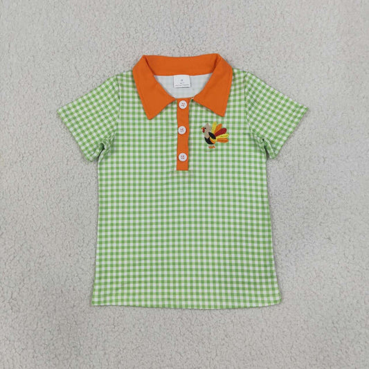 Thanksgiving embroidery turkey print boys short sleeve pullover shirt