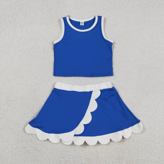 Dark Blue yoga top matching skorts girls summer scalloped outfit