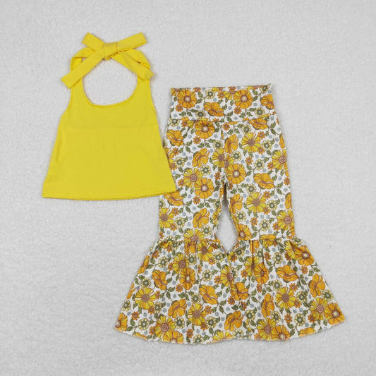 wholesale girls haliter top floral bell bottoms outfit