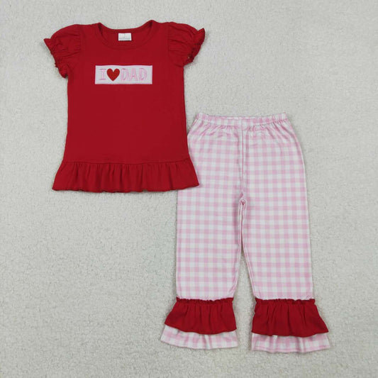 Embroidery I LOVE dad red shirt pink  plaid pants girls outfit