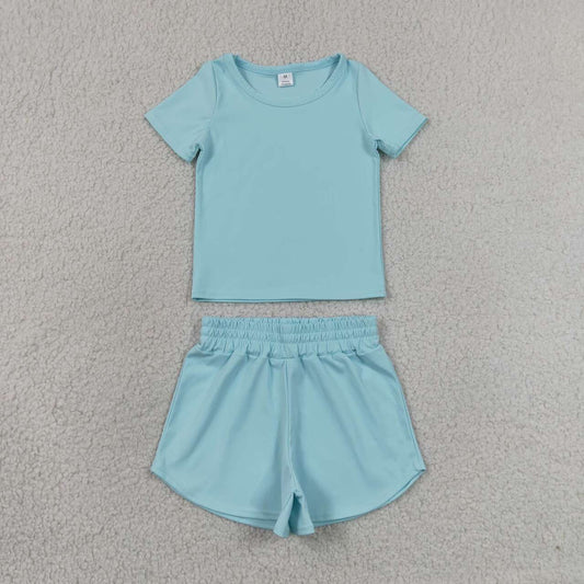 Blue yoga top matching shorts girls summer outfit