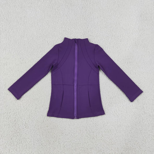 Purple color kids girls long sleeve zip pullover yoga top