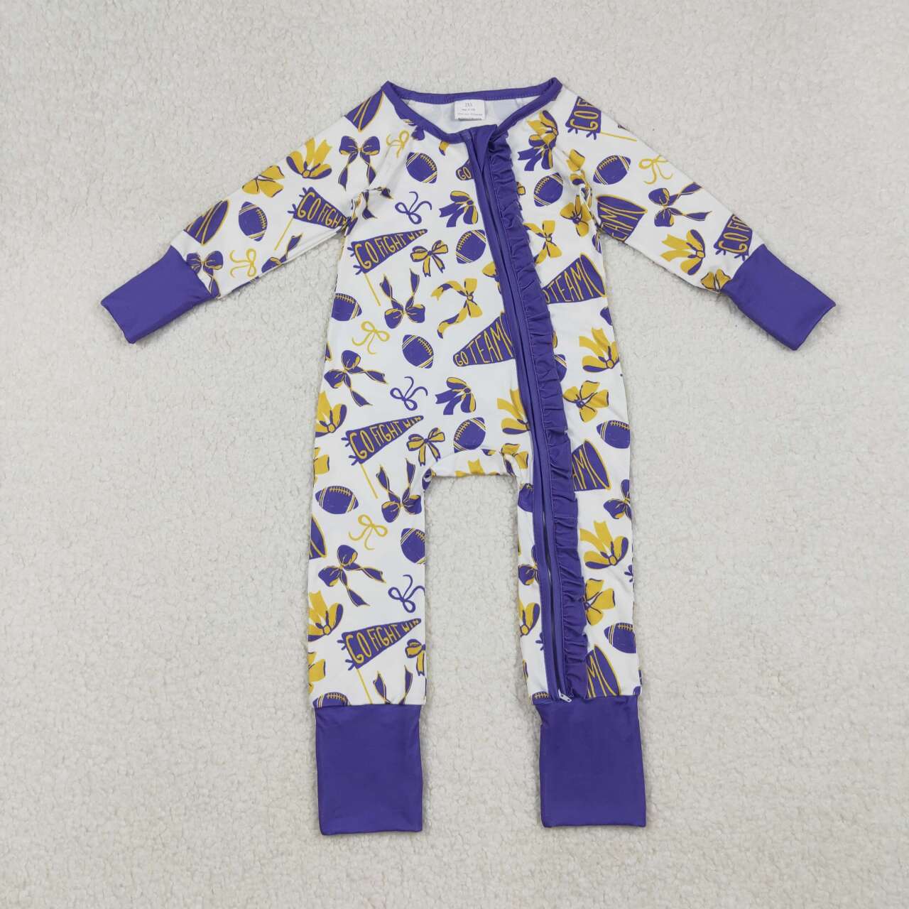 Purple bow football design girls long sleeve romper
