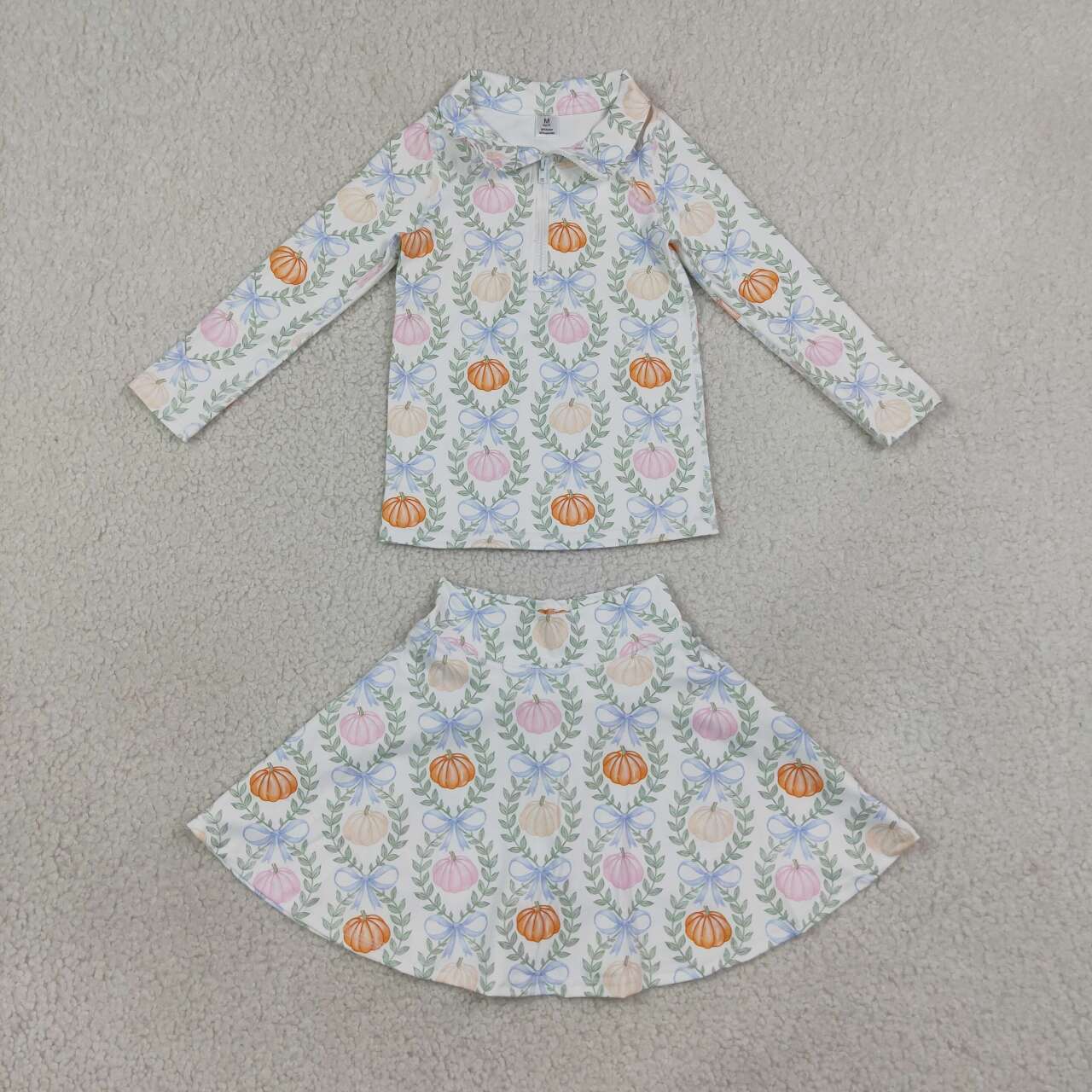 Fall pumpkin long sleeve pullover yoga top matching skorts girls outfit