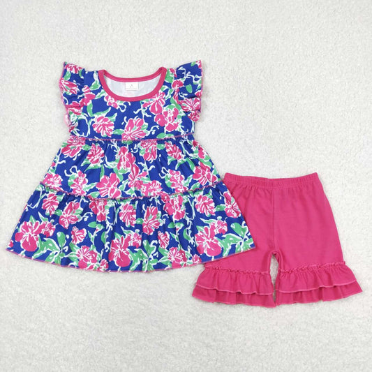 baby girls floral top hot pink ruffle shorts outfit