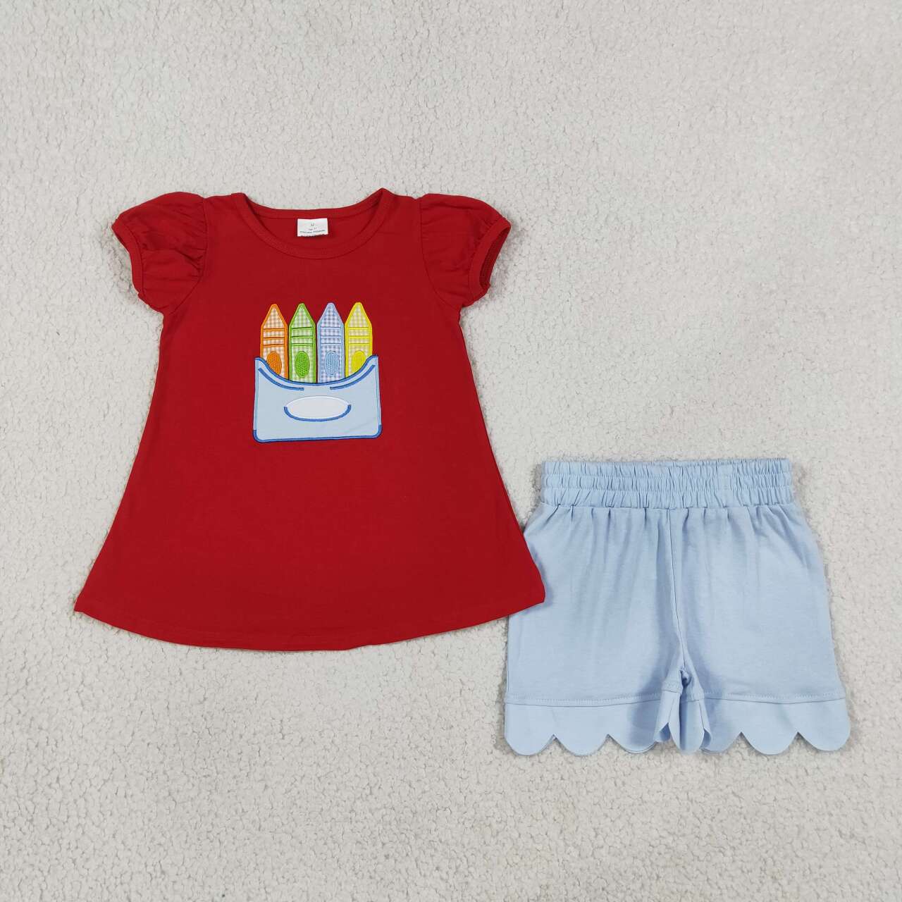 Back to school embroidery pencil short sleeve top matching shorts girls summer set