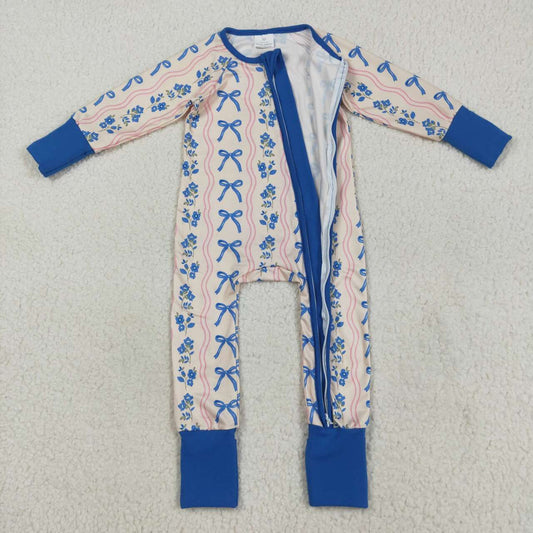 USA SHOP Toddle baby girl blue bow floral long sleeve zip romper