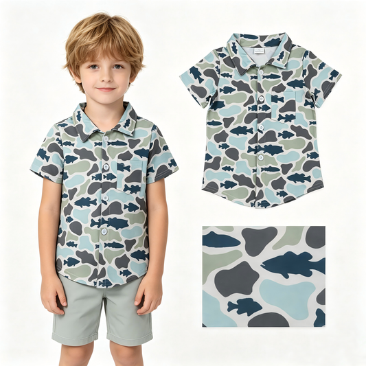 Green blue camo short sleeve button down t-shirt top