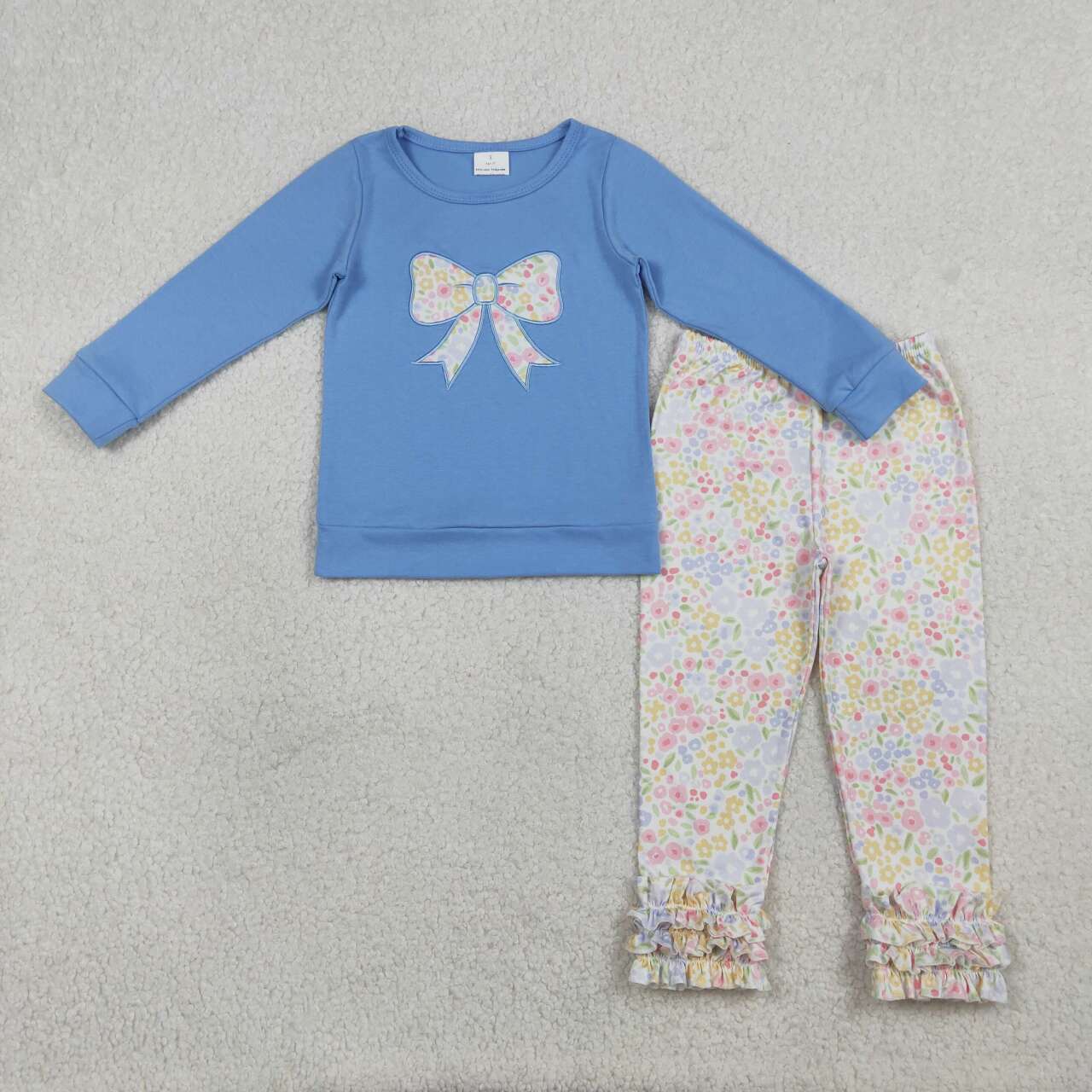 Embroidery Floral bow design kids girls long sleeve blue outfit