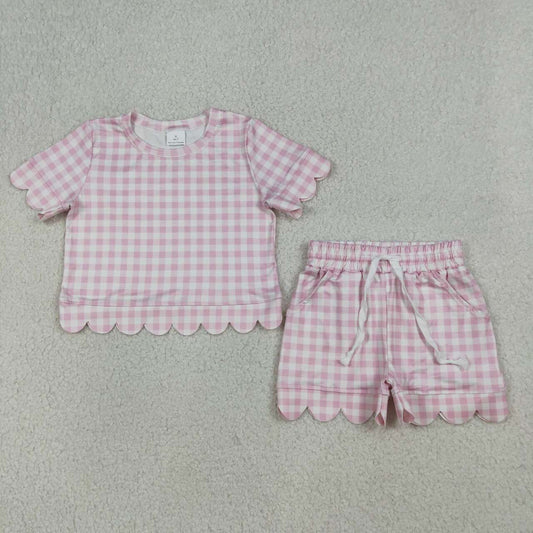 Pink plaid color toddle baby girls summer outfit