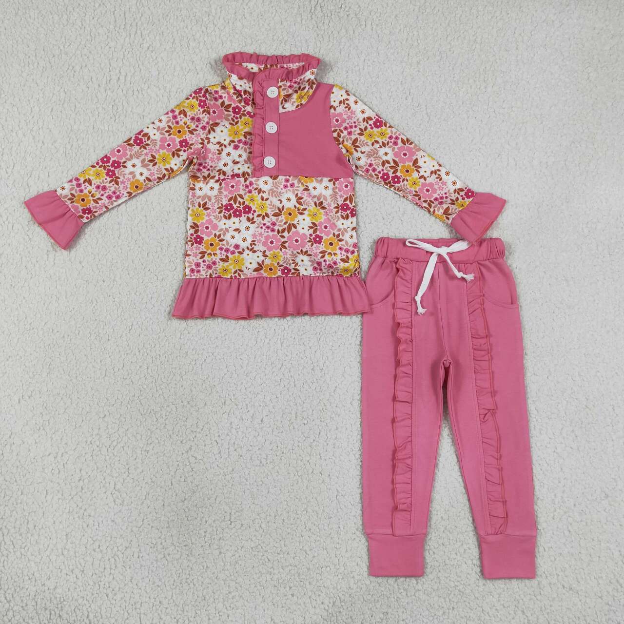 Pink Flowers long sleeve pullover top matching pants boy outfit