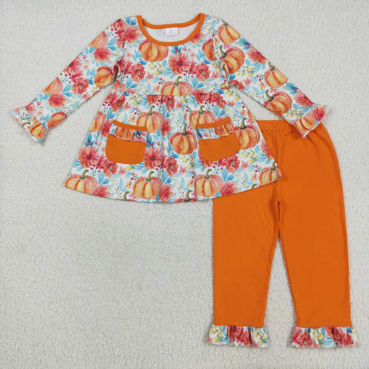 Baby girls orange pumpkins floral tunic top matching pants clothes