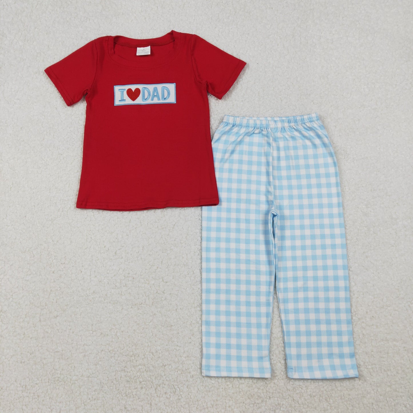 Embroidery I LOVE dad red shirt blue plaid pants boys outfit