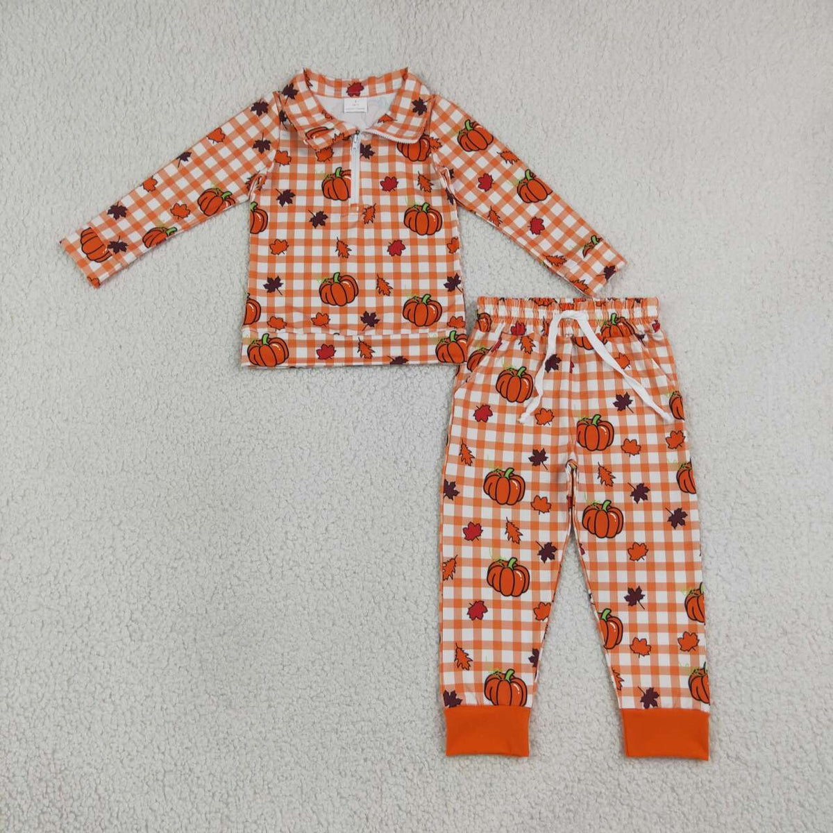 Pumpkin plaid long sleeve top matching pants boy fall winter outfit preorder