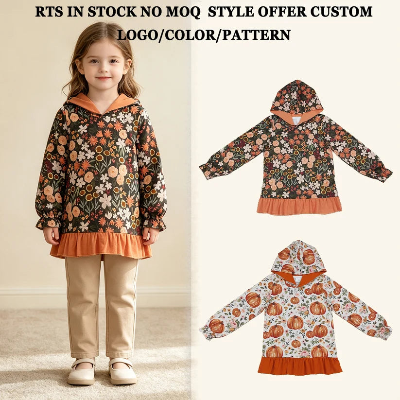 Orange flowers print girls long sleeve hoodie top