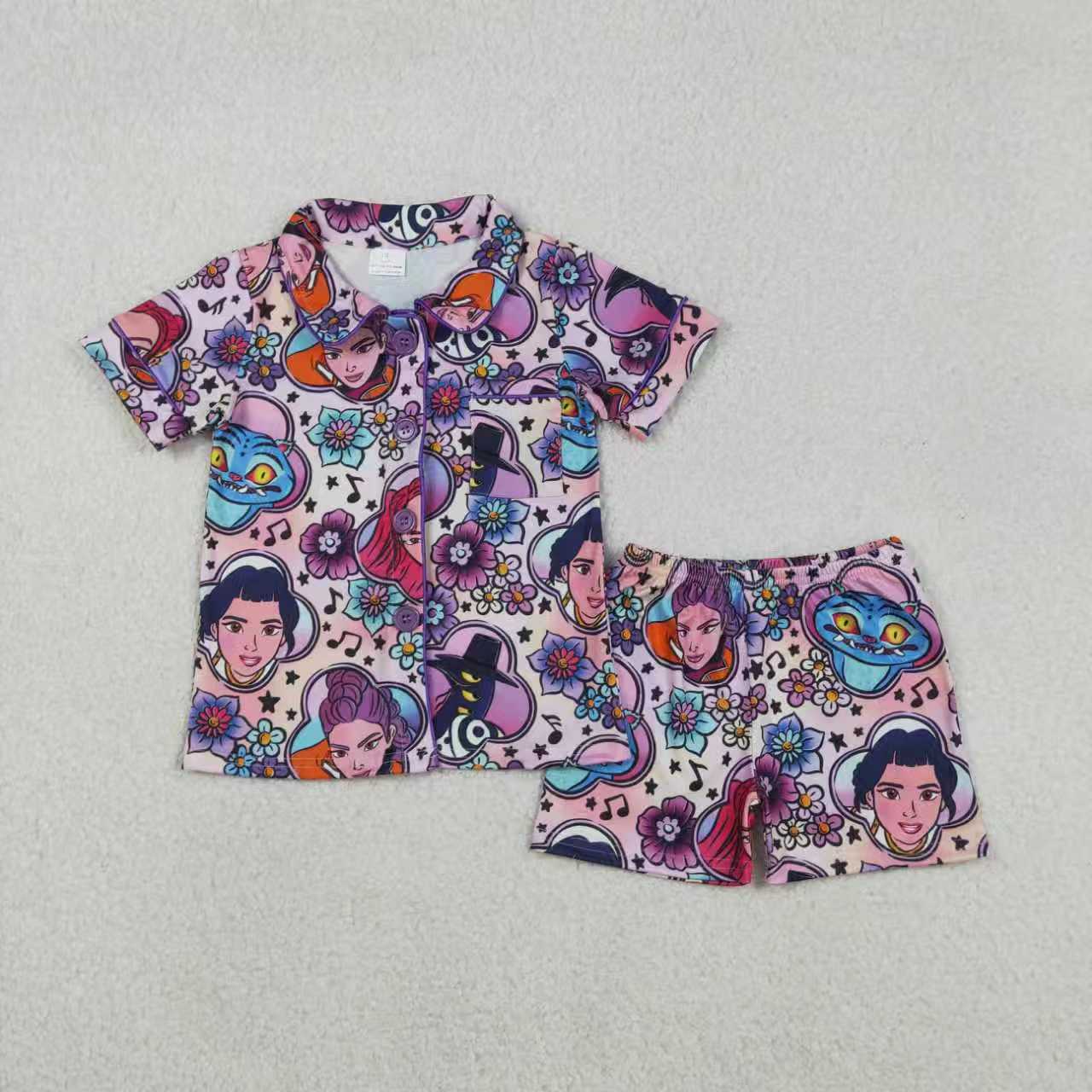 Cartoon floral design kids long sleeve top matching pants girls pajama set