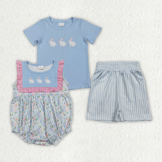 Embroidery Easter bunny kids short sleeve outfit