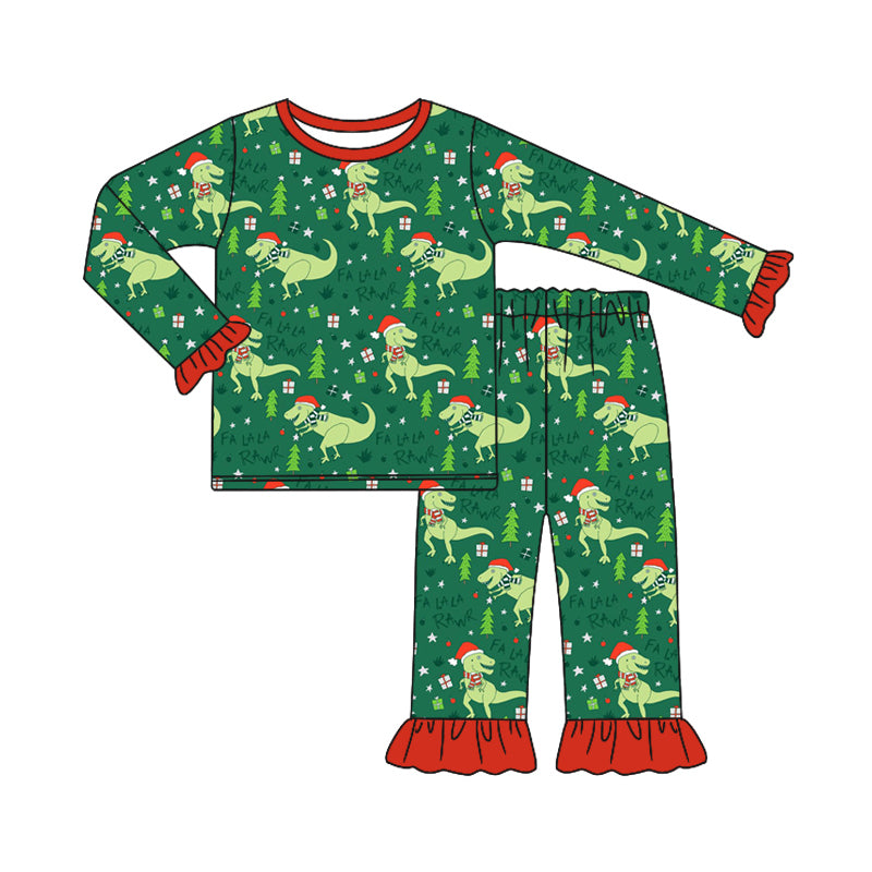 Girls Christmas dinosaur design long sleeve pajama set