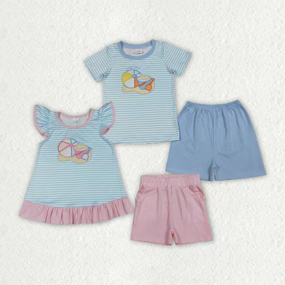 Beach ball embroidery top matching shorts girls summer outfit