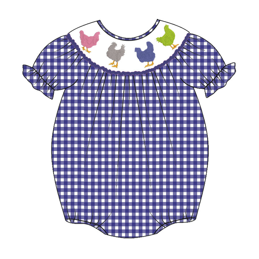 Newborn baby girls farm chicken blue gingham romper