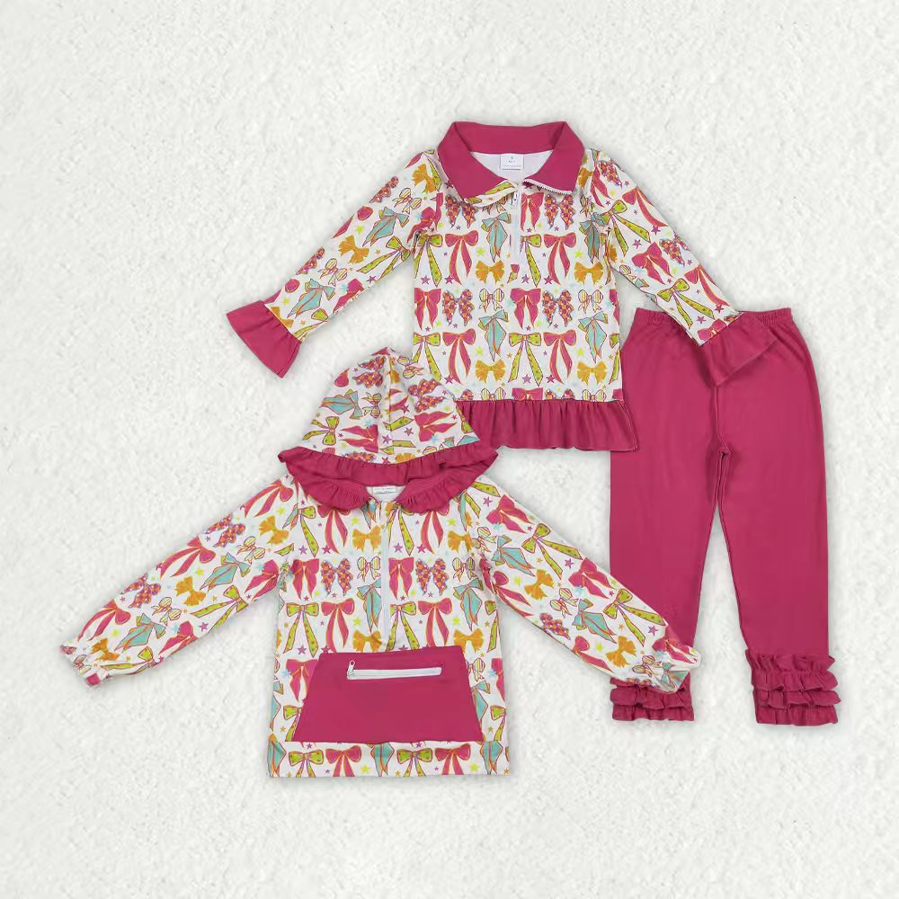 Colorful bows design girls long sleeve matching outfit