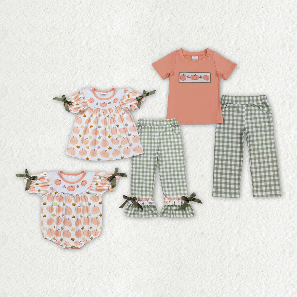 sister brother pink embroidery pumpkin sibling set kids clothes