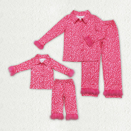 mommy and me wholesale price hot pink cheetah long sleeve matching pajama set