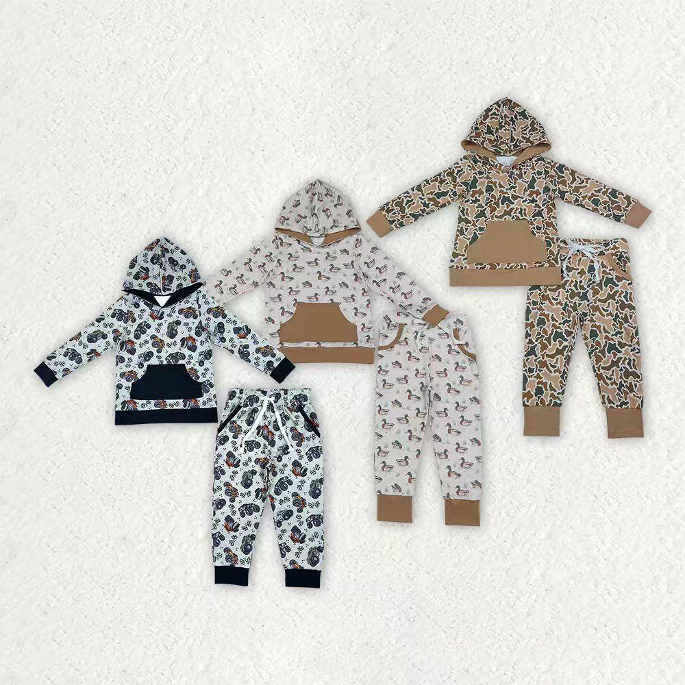 Khaki green camo print boys long sleeve hoodie set outfit