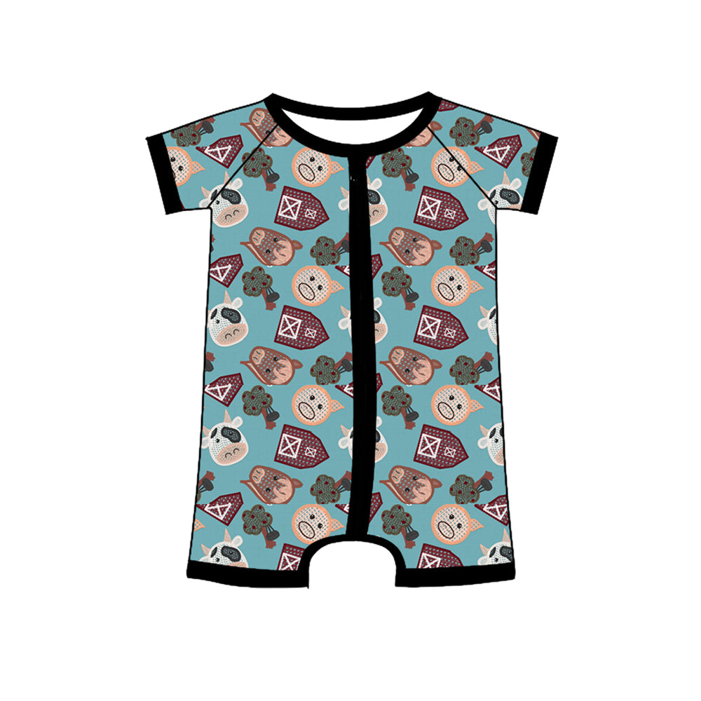 infant baby boy short sleeve animal cow farm zip romper