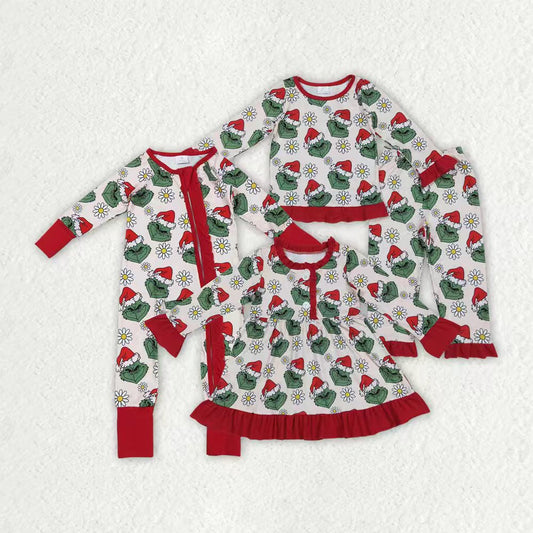 Christmas green face flowers kids long sleeve matching outfit