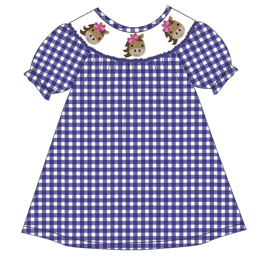 toddle girls short sleeve horse design blue gingham dress