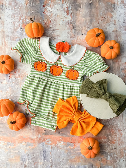 Fall pumpkin green stripes romper