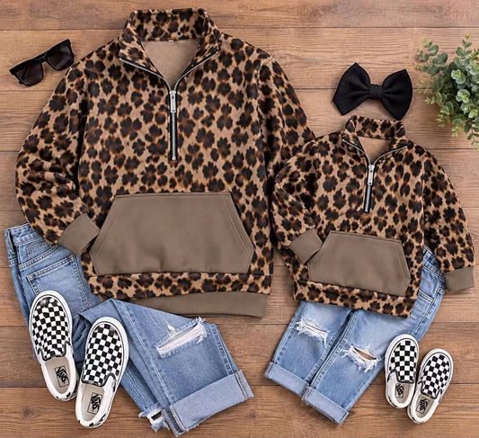 adult kids  long sleeve leopard print pullover