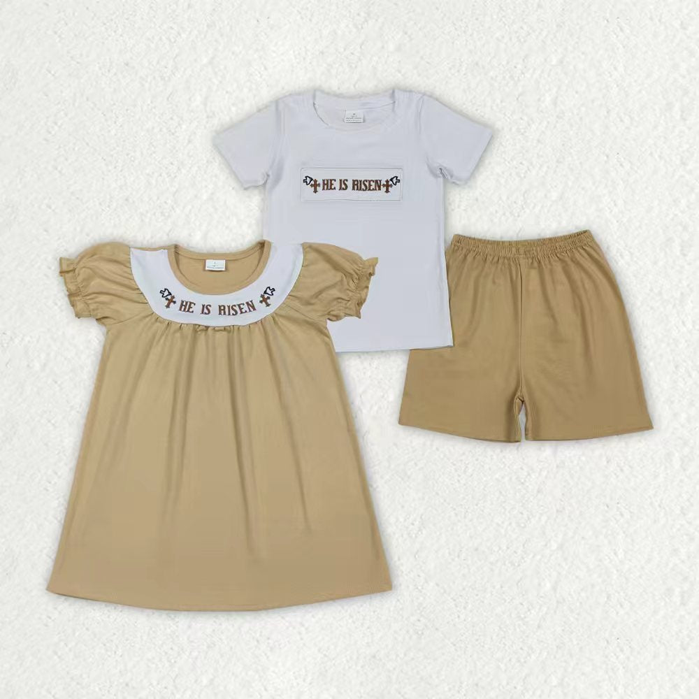 Embroidery He is risen top matching shorts boy summer outfit